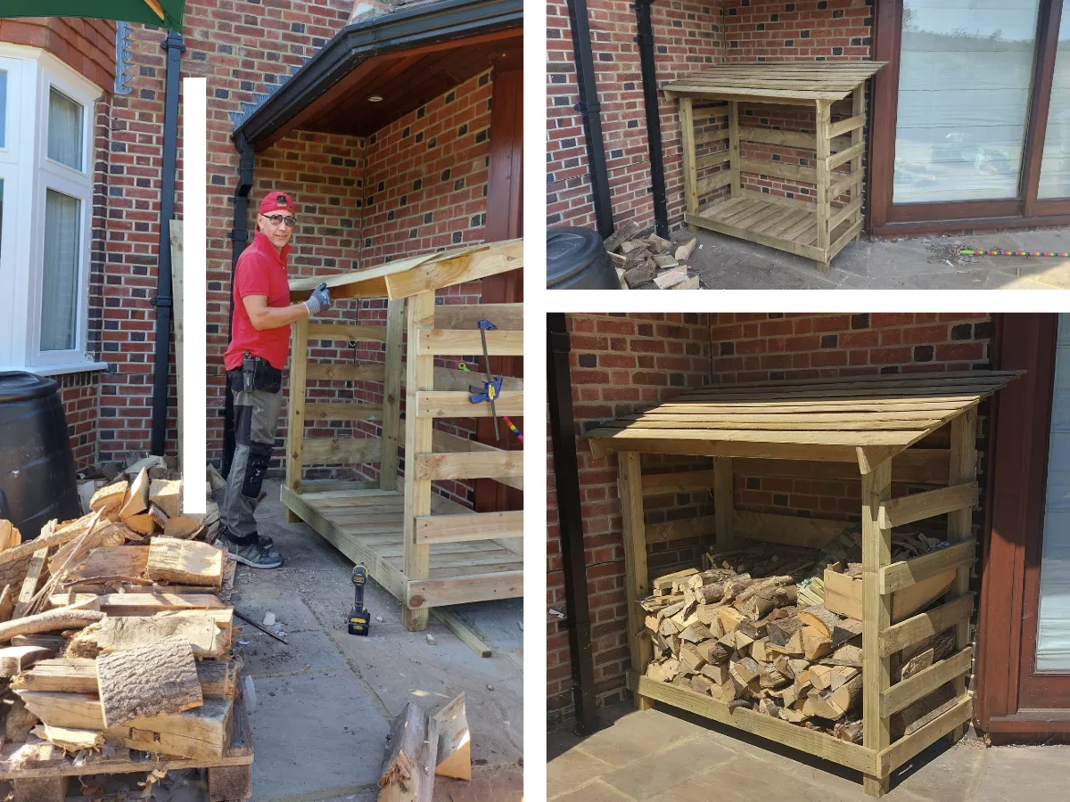 Newly constructed outdoor timber log store