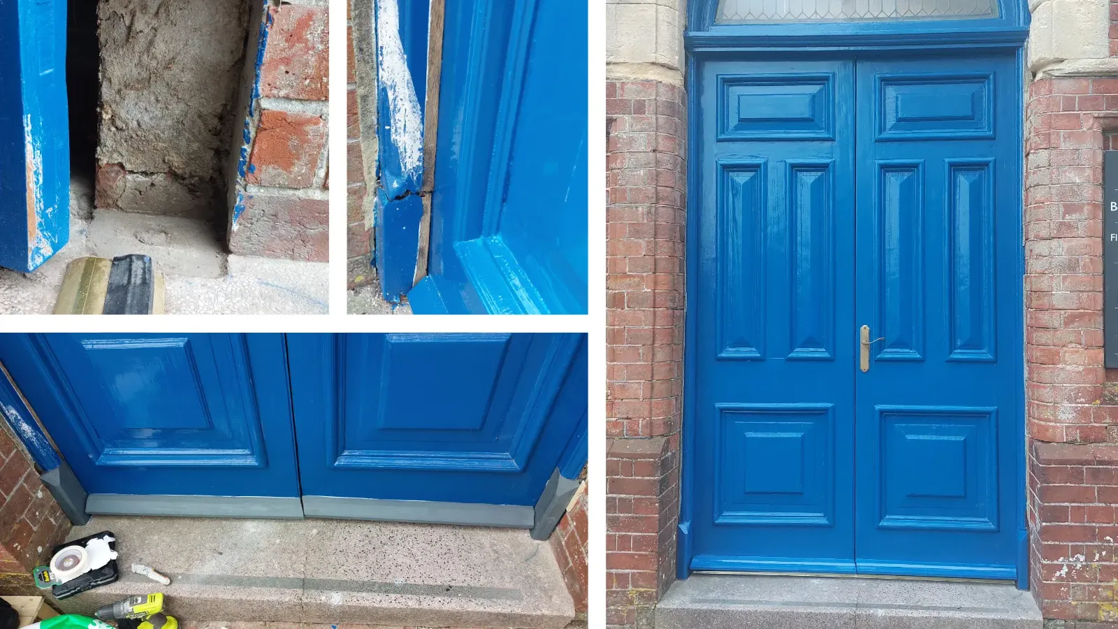 Completed entrance door after timber repairs and repainting