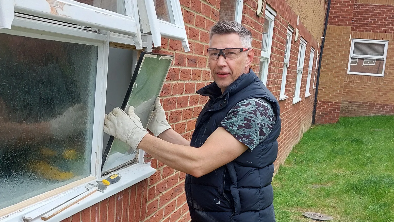 Montage showing the replacement of failed double-glazed units in a timber window