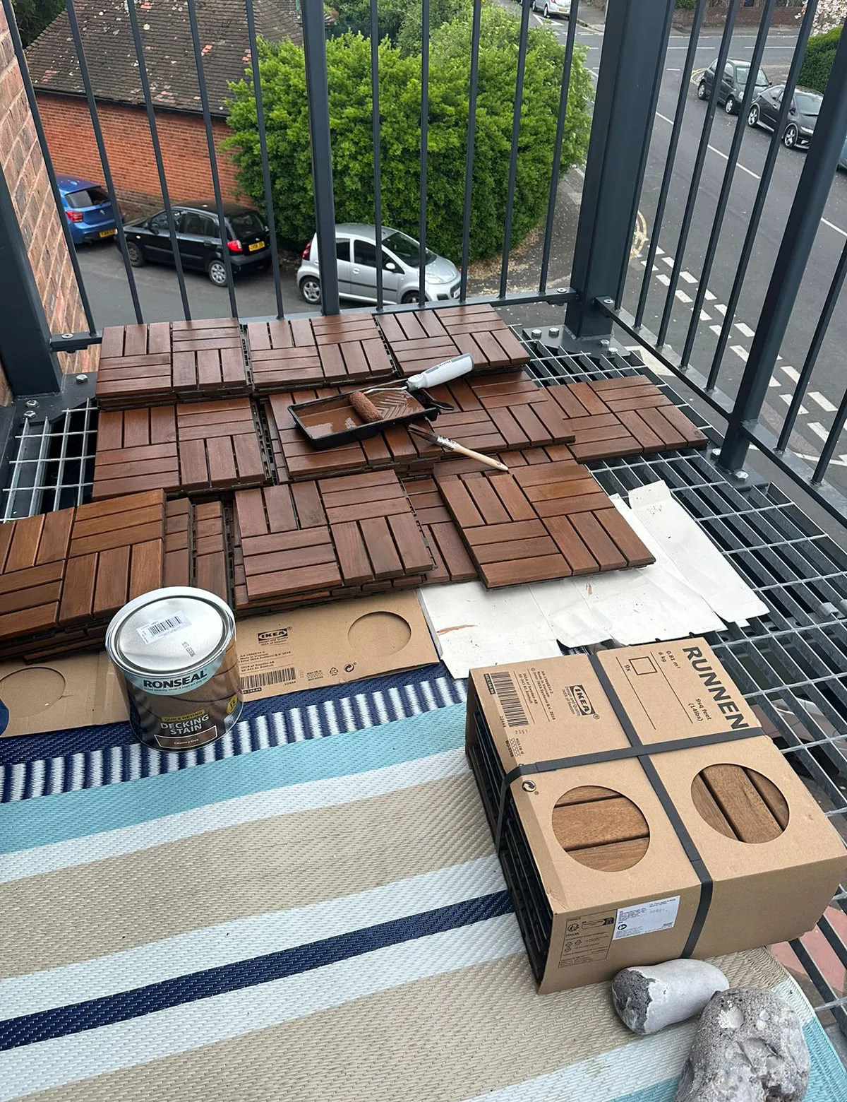 Veranda decking tiles being fitted
