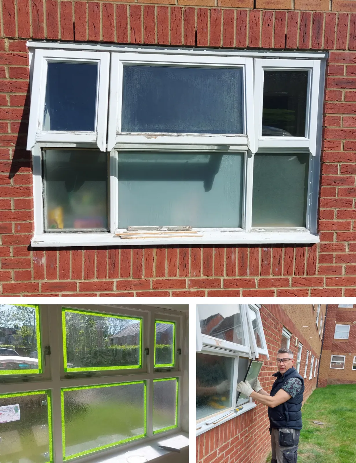 Montage showing timber window and double-glazing repair