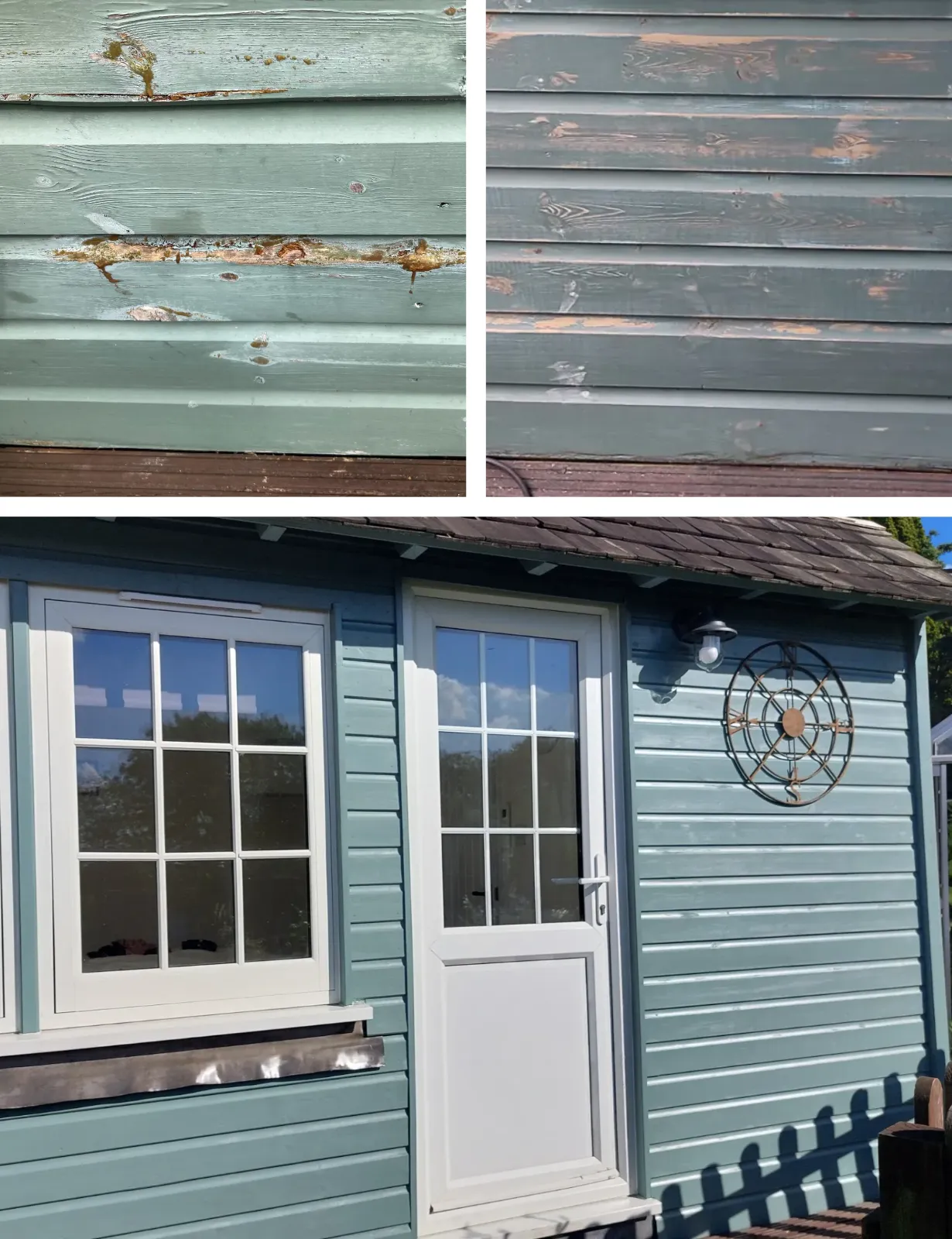 Montage showing weatherboard maintenance from deteriorated condition through preparation to finished result